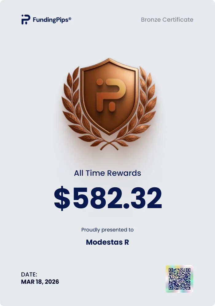FundingPips certificate of $582.32 all-time rewards, dated March 18, 2026